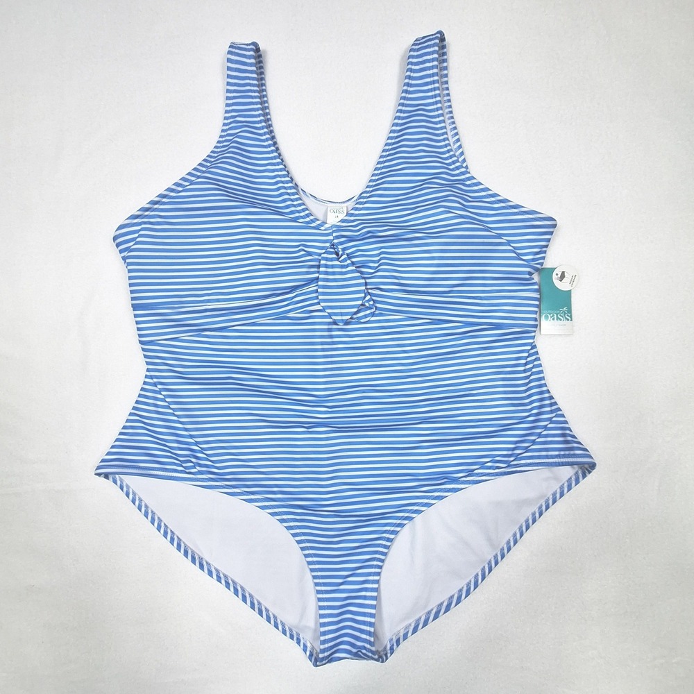 Outdoor Oasis Swimsuit Womens 2X Blue White Striped Tie Front One Piece NWT